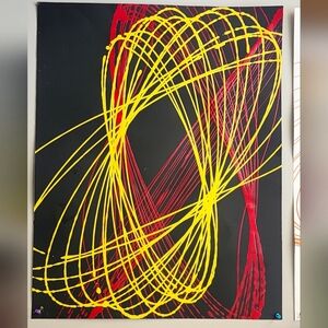 Pendulum splatter Painting  magenta and yellow on black poster board.